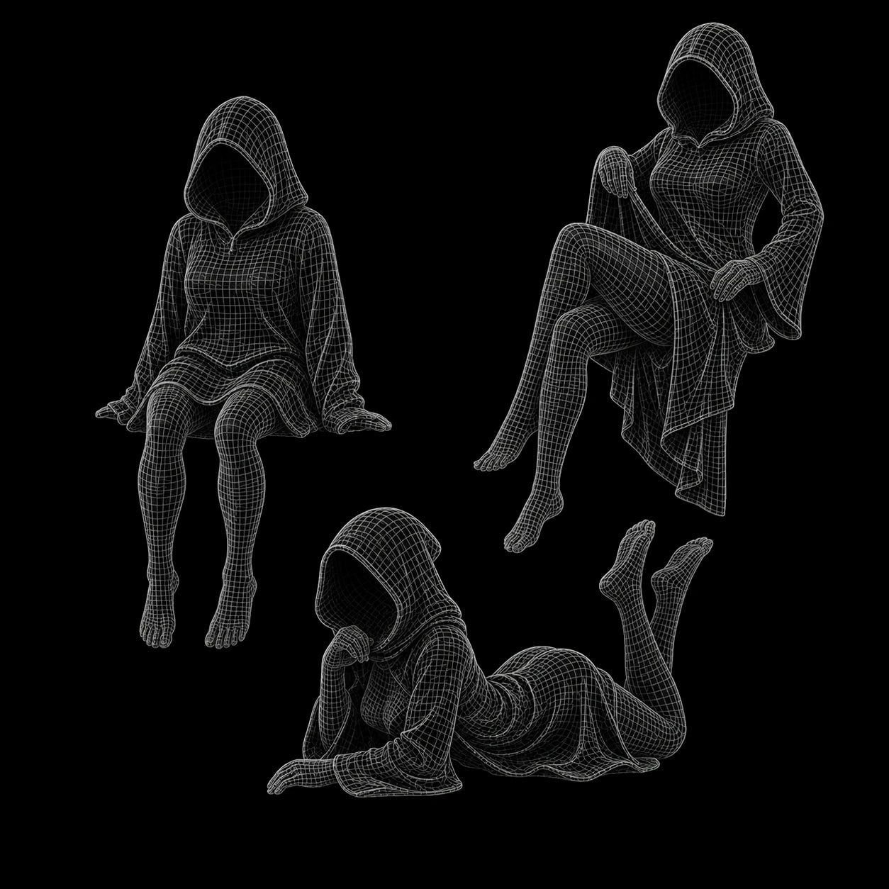 Faceless Hooded Figurine Set B – gothic shelf decor matte black resin – wireframe 3D model dimensions – PrintableArtForge
