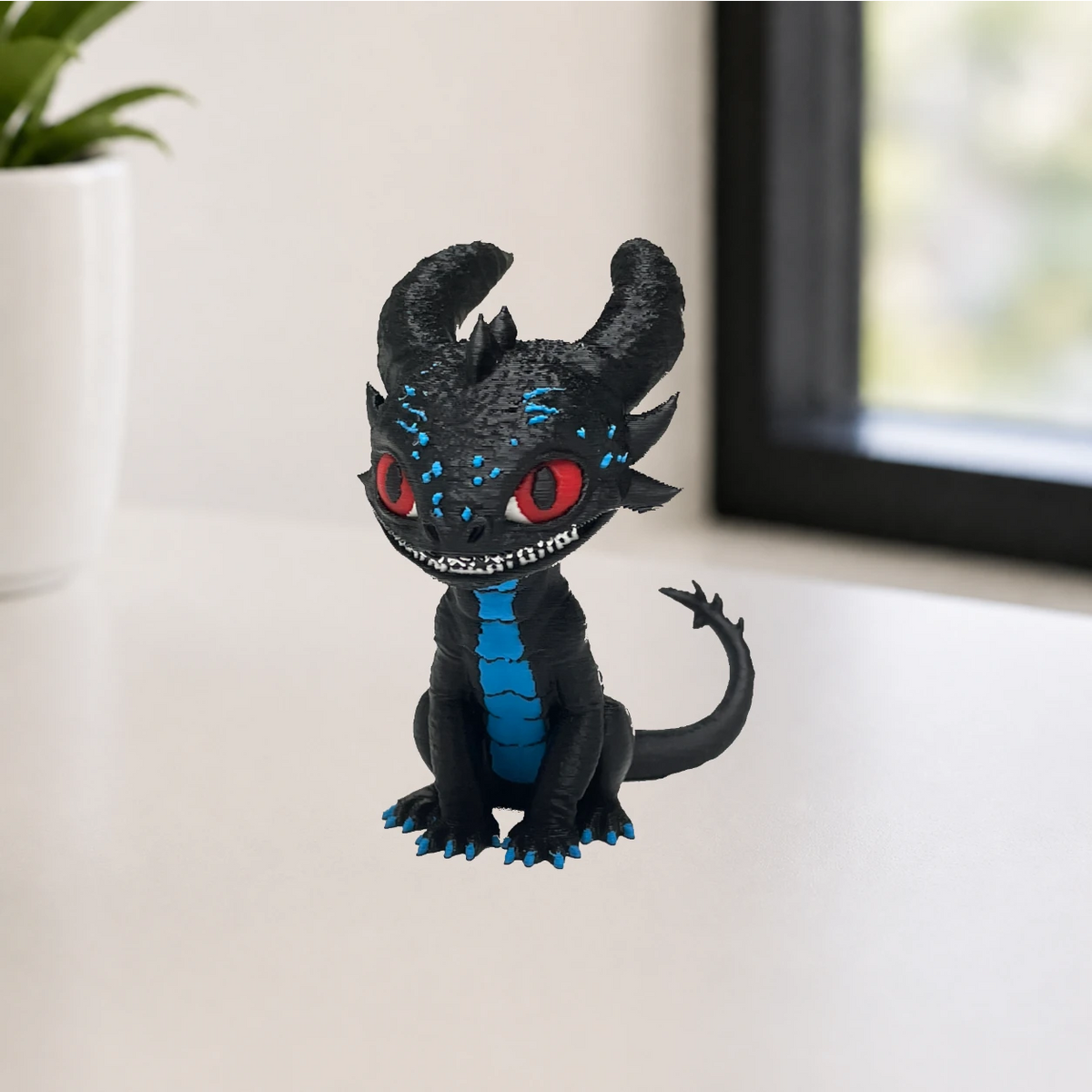 VEX Night Dragon desk figurine – multicolor FDM 3D printed – lifestyle scene desk setting – PrintableArtForge