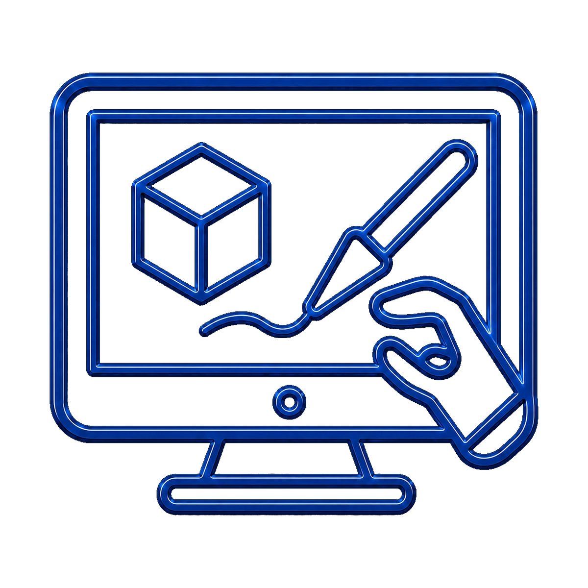neon blue 3D modeling monitor icon – PrintableArtForge B2B 3D printing